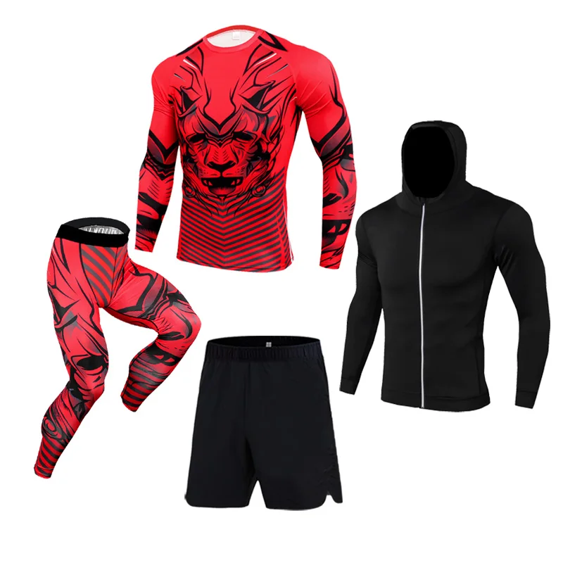 

Men's 4-Pcs Sports Suit Chinese Style Top Tight-Fitting Sportswear Running Gym Training Rashguard Men Quick-Drying Compression