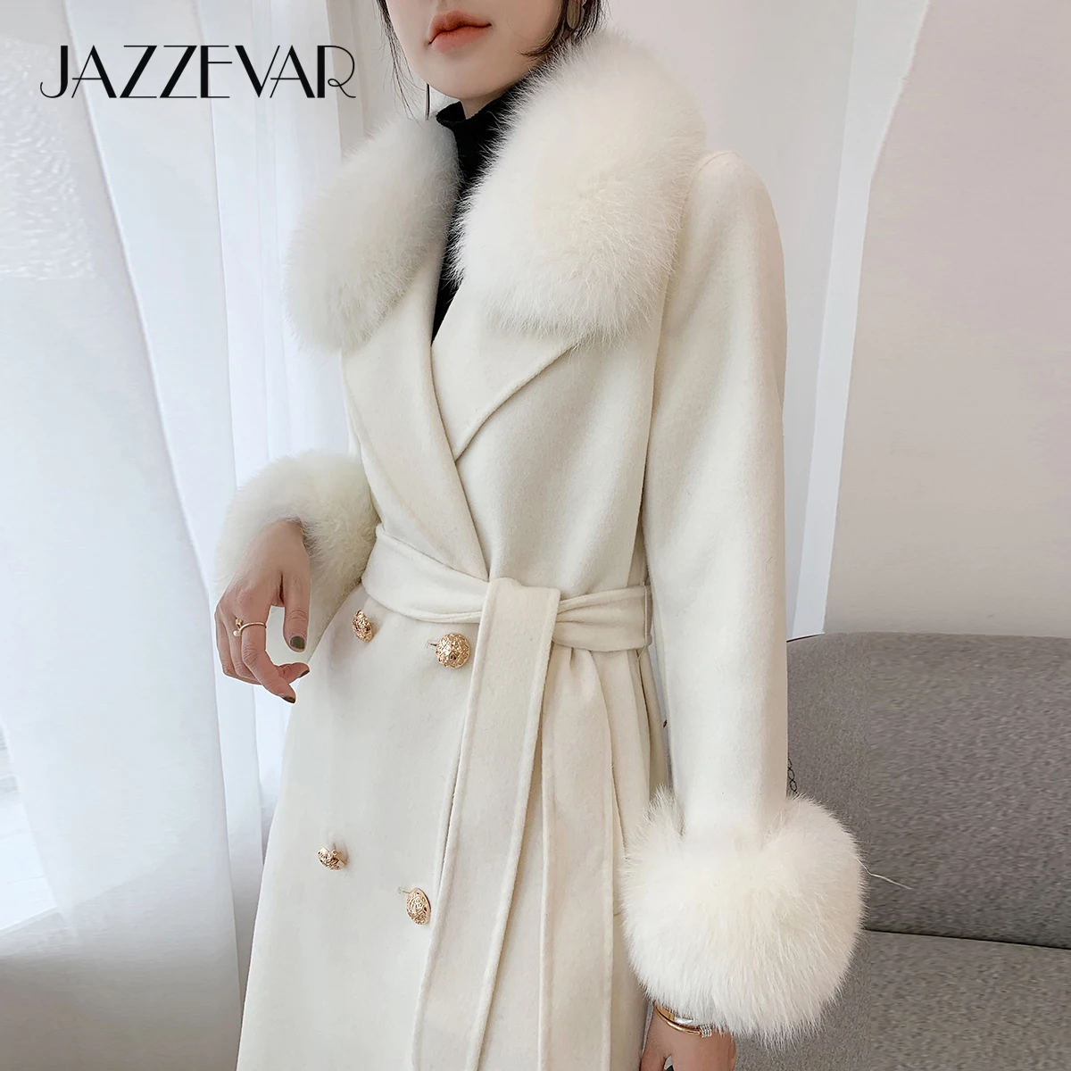 JAZZEVAR 2020  winter Coat Elegant Women Real Natural Fox Fur Jacket socialite Cashmere double faced Wool Outerwear Ladies coats