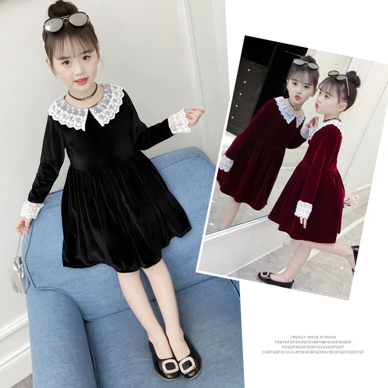 Spring Kids Clothing Black Red Peter Pan Lace Collar Luxury Little Girls Velvet Dress for Teenagers Long Sleeve Dresses Vestidos |