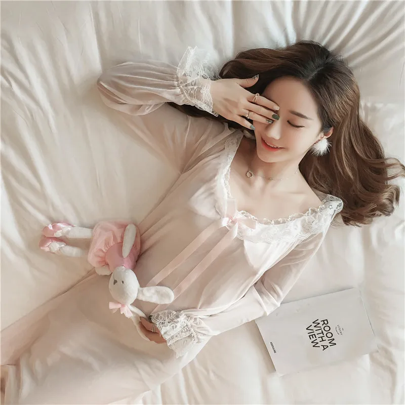 

2018 Womens Soft Elegant Long Nightgowns Female Sweet Princess Sleeping Home Dress Lady Lace Sexy White Pink Nightdress AD231