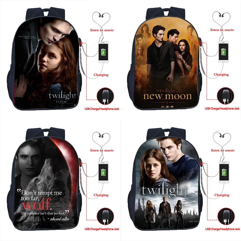 

Twilight USB Charge Bag Students School Backpack Beautiful Laptop Bags Edward Cullen Daily Backpack for Boys Girls Travle Bag