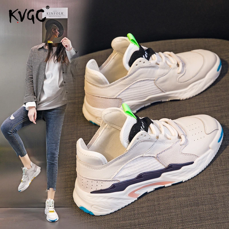 

KVGC Top Quality 2021 Spring New Chunky Sneakers Womens Leather Casual Shoes Woman Colorful Ladies Shoe Lace-up Leisure Shoes