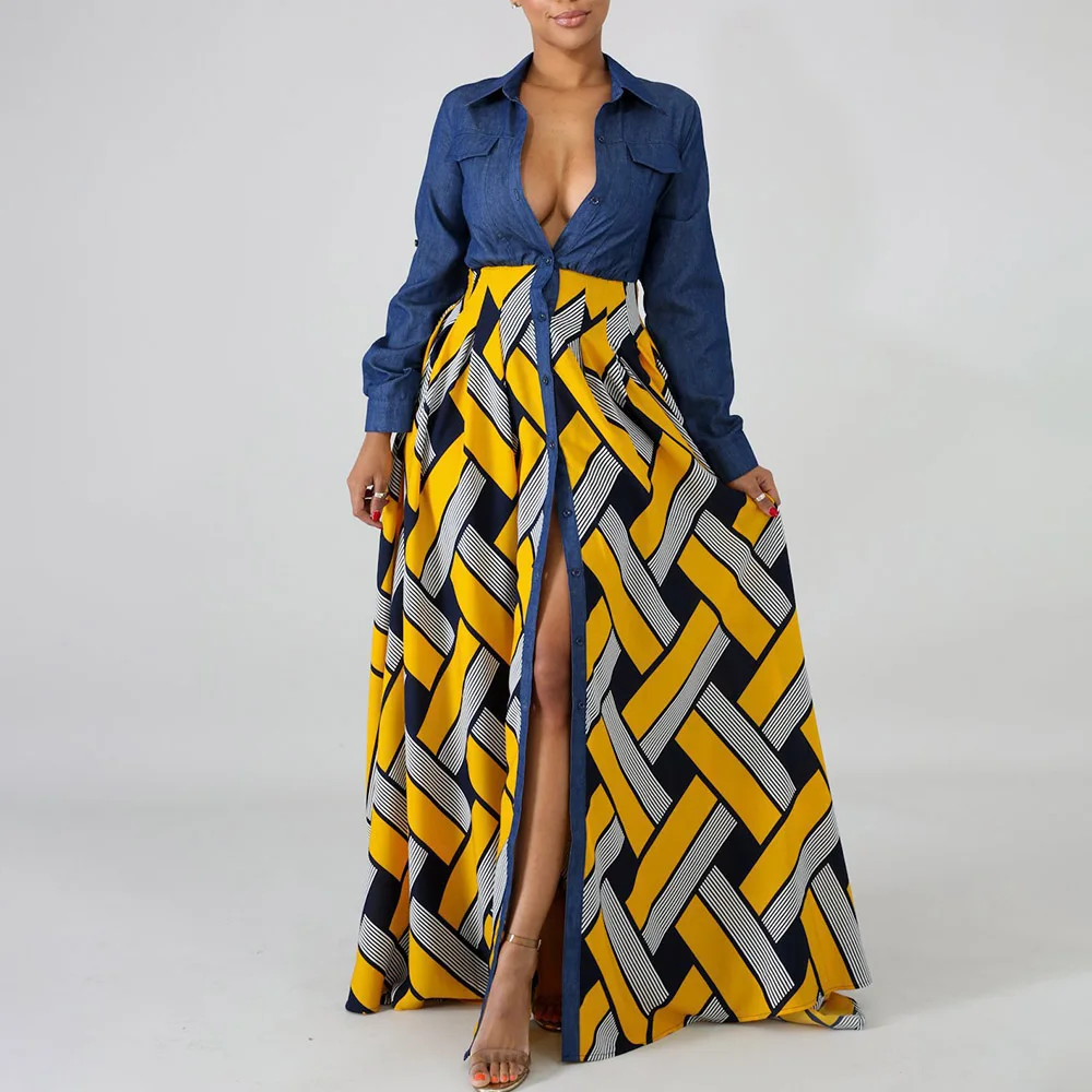 

The New Autumn Fashion Denim With Woven Big Hem Women's Printed Temperament Commuter Long Cardigan Stitching Shirt Dress