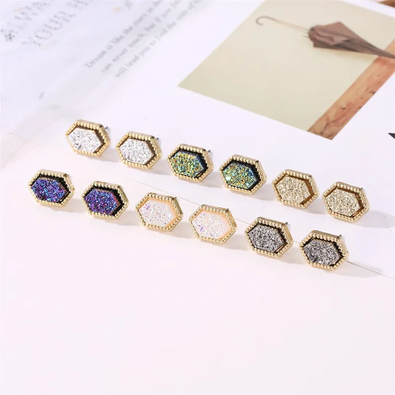 Модные серьги гвоздики Druzy мини шестигранные из смолы брендовые дизайнерские