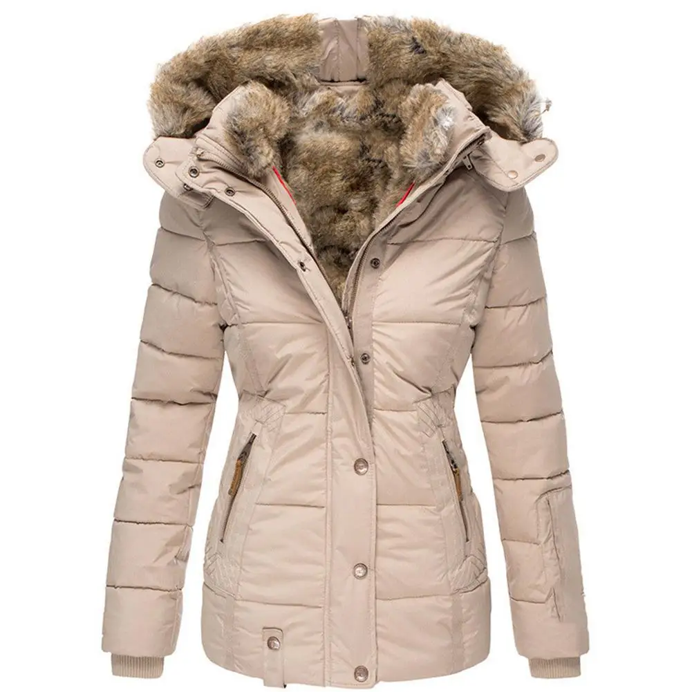 

Winter Fashion Women Solid Color Slim Cotton Coat Faux Fur Collar Down Jacket Ladies winter solid color long warm coat