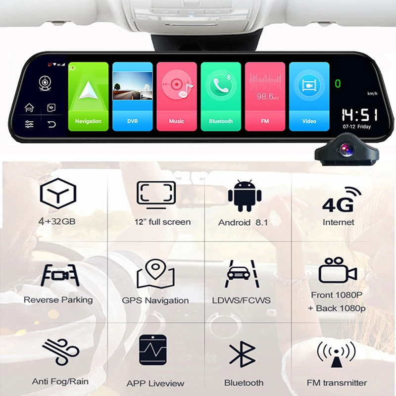 4G Dash Cam 12-дюймовый автомобильный Камера Зеркало заднего вида зеркало DVR ADAS Android 8 1
