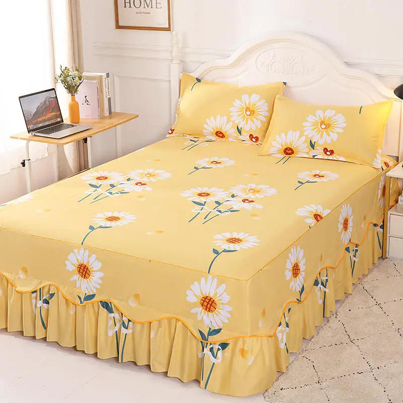 

3pcs Bedding Set Sanding Bed Sheet 1pc Printing Bed Skirt +2pcs Pillowcase King Queen Size Bed Cover Non-slip Bed Skirt Home Use