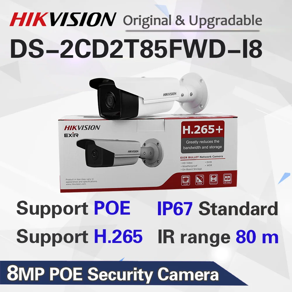 Hikvision 8MP 4K Bullet IP Camera PoE Outdoor Night Vision IR Distance 80M CCTV Security Surveillance H.265 DS-2CD2T85FWD-I8