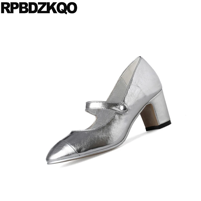 Женские туфли лодочки на толстом каблуке серебристые или белые с круглым носком