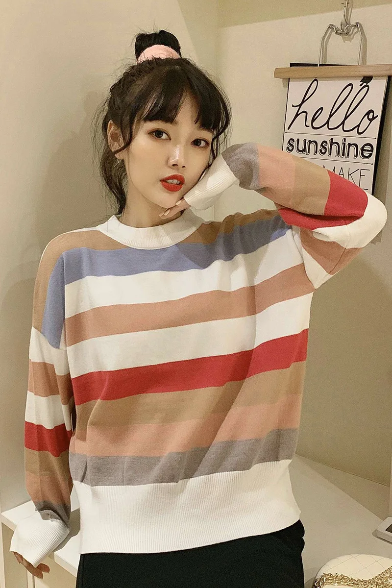 

Women Knitted Sweater 2021 Korean version loose Oversized long sleeve Ladies knitting Harajuku fashion wild striped O-neck traf