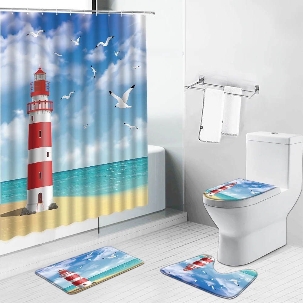 

Lighthouse Shower Curtains Ocean Beach Seagull Scenery Non-Slip Bath Mat Toilet Cover Rugs Kitchen Carpet Bathroom Curtain Set