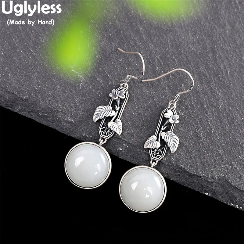 

Uglyless Ethnic Thai Silver Leaves Earrings for Women Nature Hotan White Jade Earrings 925 Silver Brincos Bijoux Vintage Jewelry