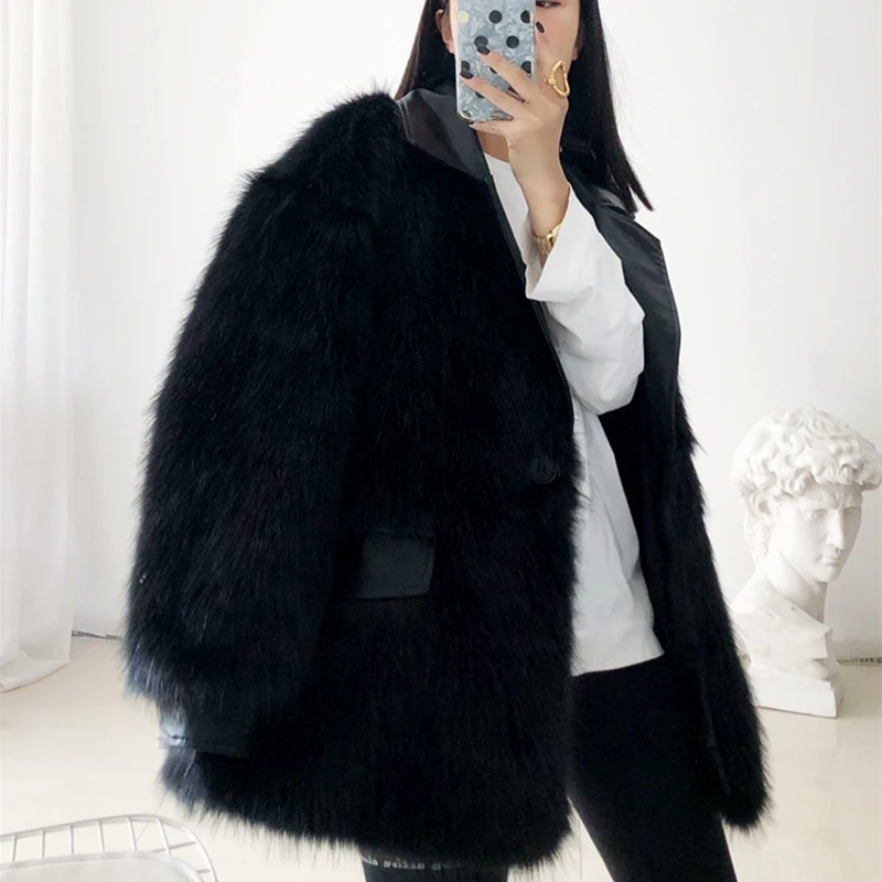 Fur V-Neck Fashon Coat Women Fluffy Warm Long Sleeve Female Outerwear Autumn Winter Jacket Collarless Overcoat | Женская одежда