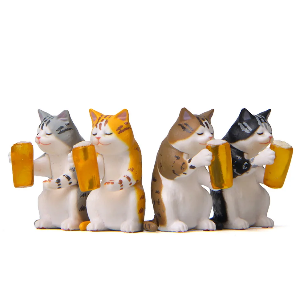 Kawaii Mini Beer Cats Drunken Cat Doll Figurine Desk Car Ornaments Kitten Model Toys Fairy Garden Miniatures Home Decore Gifts