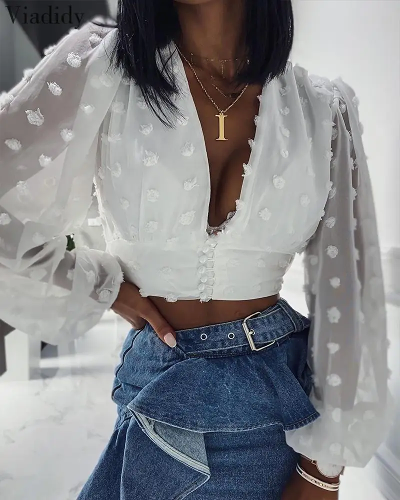 

Mesh Long Sleeve Dot Jacquard V Neck Tops Women Solid Casual Short Blouse Tops