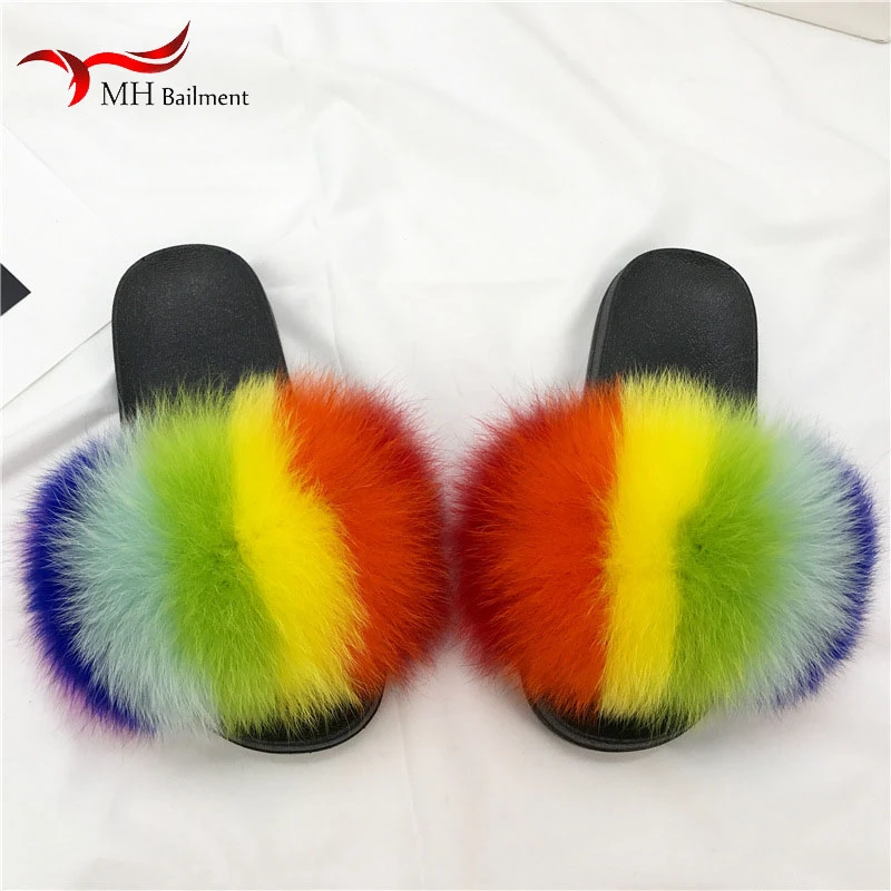 Женские меховые шлепанцы сланцы из натурального Лисьего меха Нескользящие для
