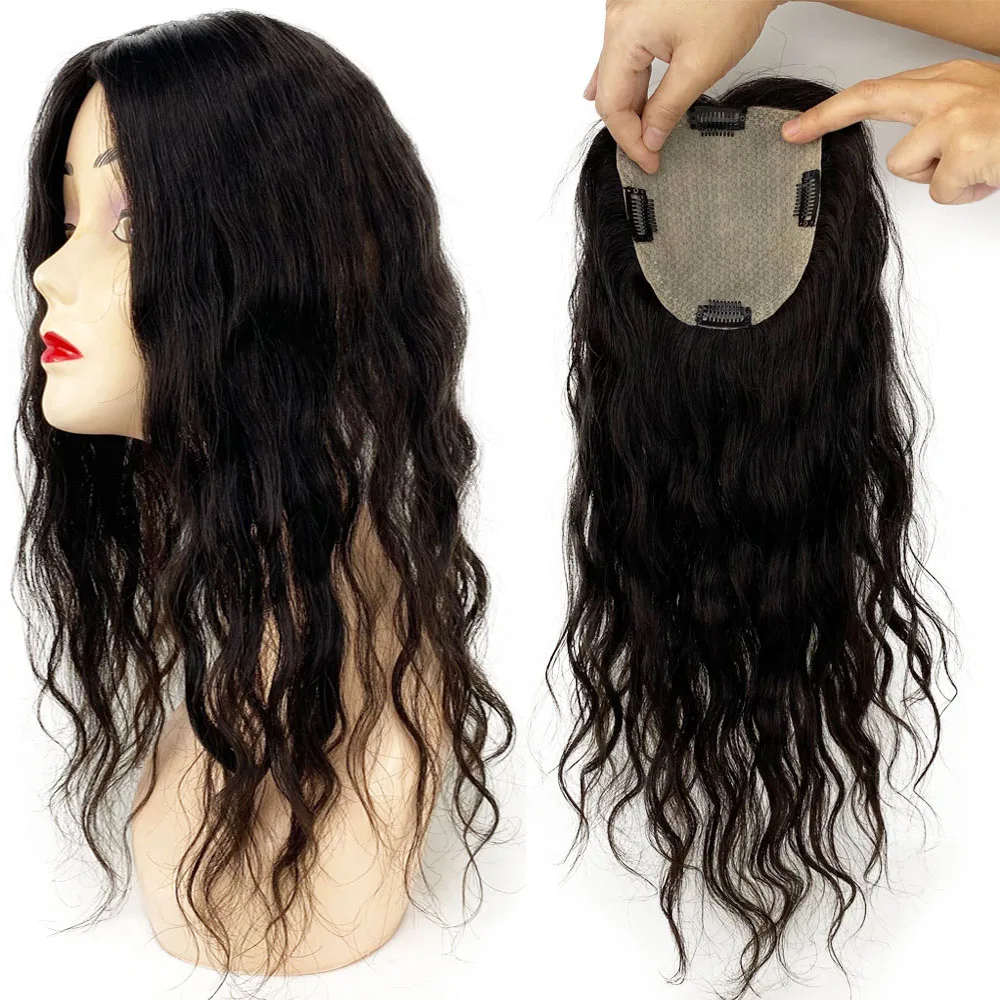 Base de piel de seda para mujer, Topper de cabello humano virgen brasileño con 4 Clips en tupé, peluquín fino ondulado, Top de cuero cabelludo Real