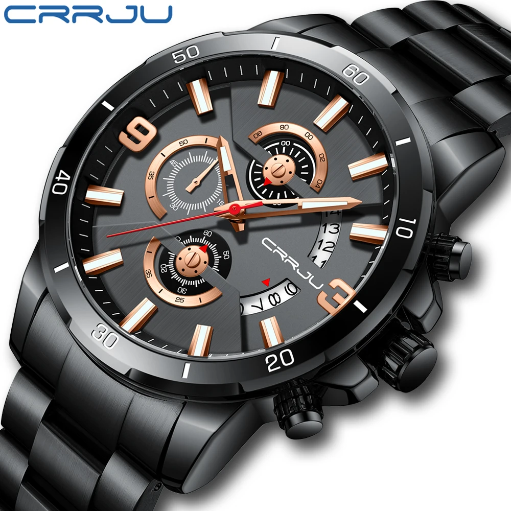 

CRRJU Sports Watch Man Top Brand Luxury Business Chronograph Wristwatch Stainless Steel Date Waterproof Quartz Clock Relogio