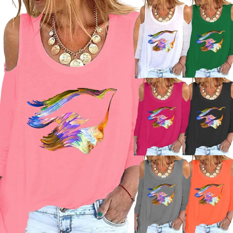 

Fashion Women's Autumn and Winter Round Neck Long-sleeved Tops Casual Color Printing Off-shoulder Pullovers Tops XS-5XL