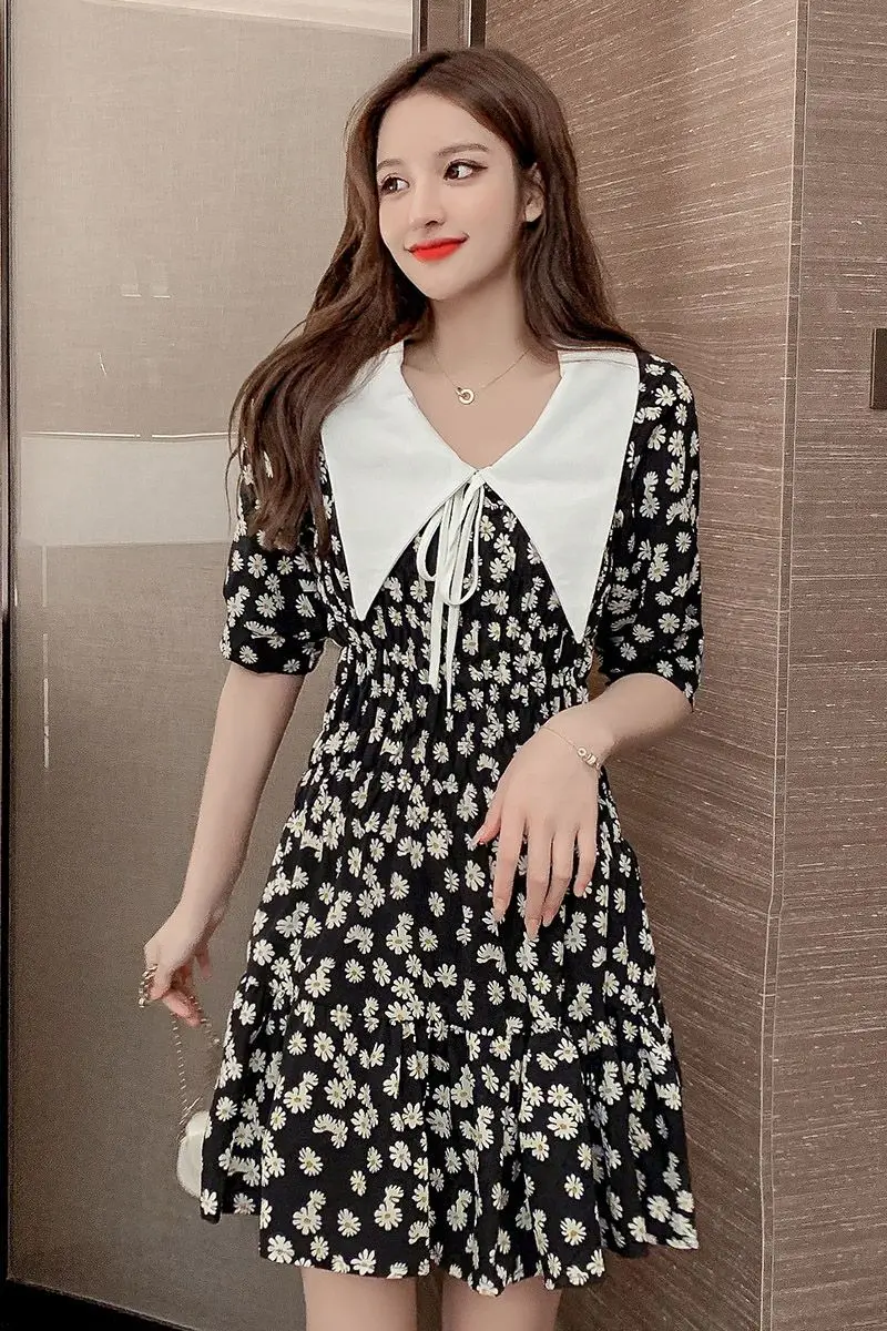 

COIGARSAM French Style Floral Print Women one-piece dress Chiffon Square Collar High Waist Dresses 9500