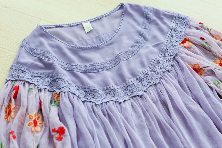 Original Design AIGYPTOS Spring Women Sweet Elegant Purple Blouses Ladies Vintage Embroidery Lantern Sleeve Lace Chiffon Shirts | Женская