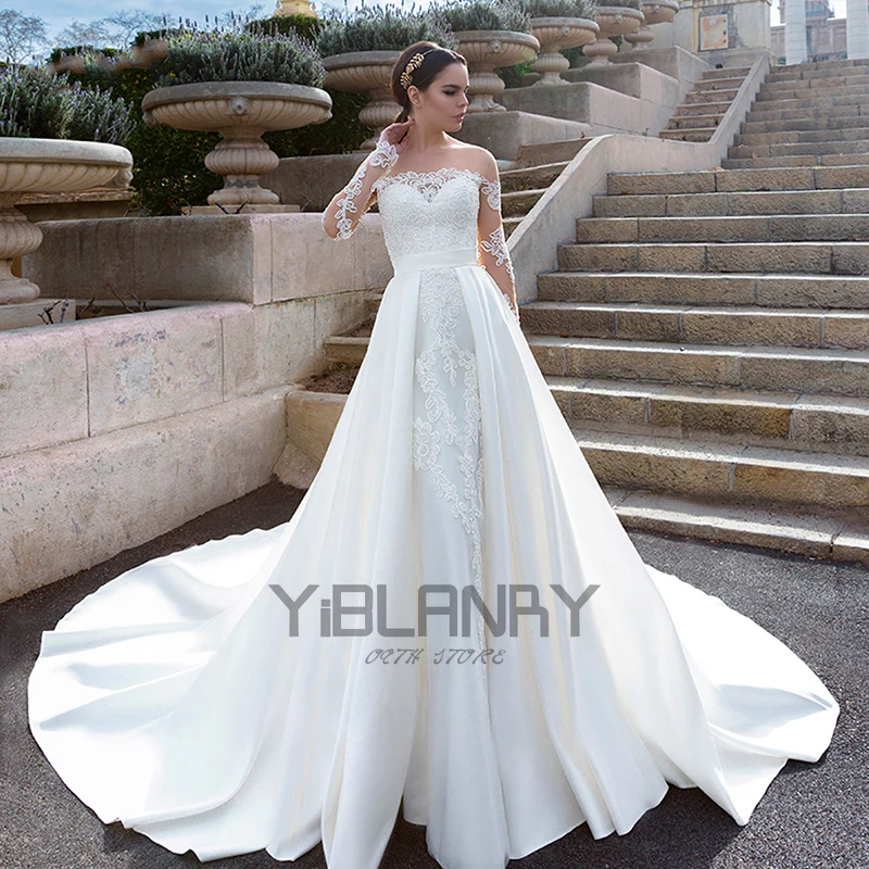 

Luxury Mermaid Wedding Dresses Long Sleeve O Neck Detachable Train 2 In 1 Lace Applique Wedding Gowns Back Invisible Design