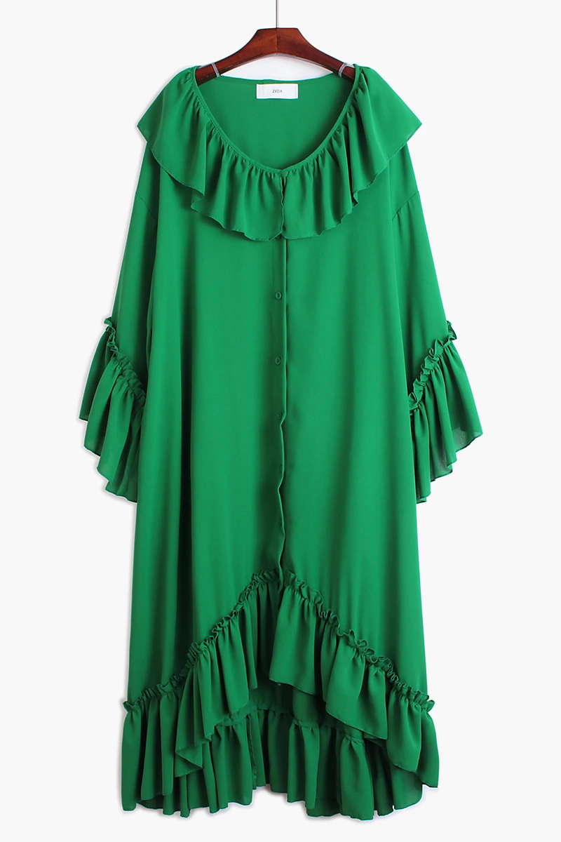 

Single breasted Ruffle collar shirt skirt women's loose oversize medium length irregular Ruffle Dress spring dress