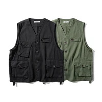 spring summer vintage men vest black green solid sleeveless jackets street loose all match waistcoat with pockets clothing 2021