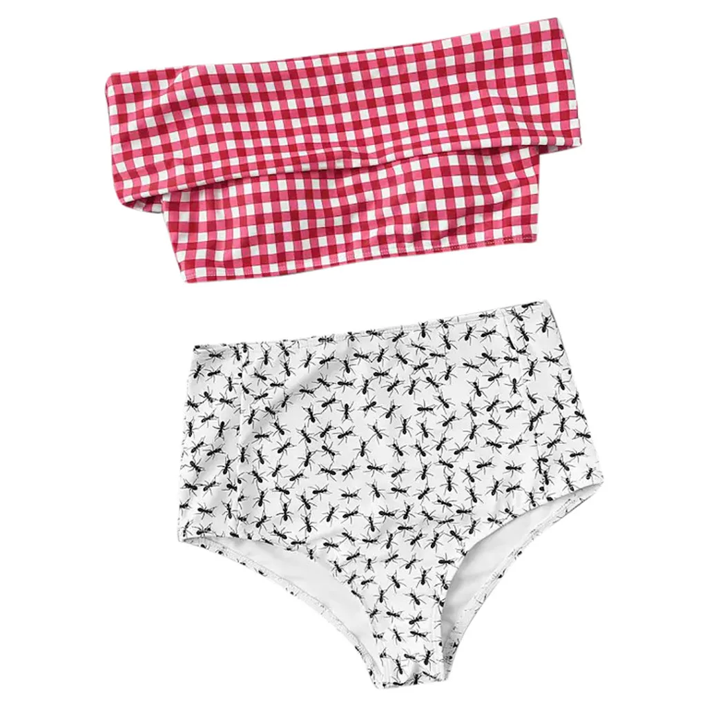 SAGACE Tube Top Word Shoulder Swimsuit Set Summer Sexy Two Piece Off Bikini Plaid Printed Beachwear | Женская одежда