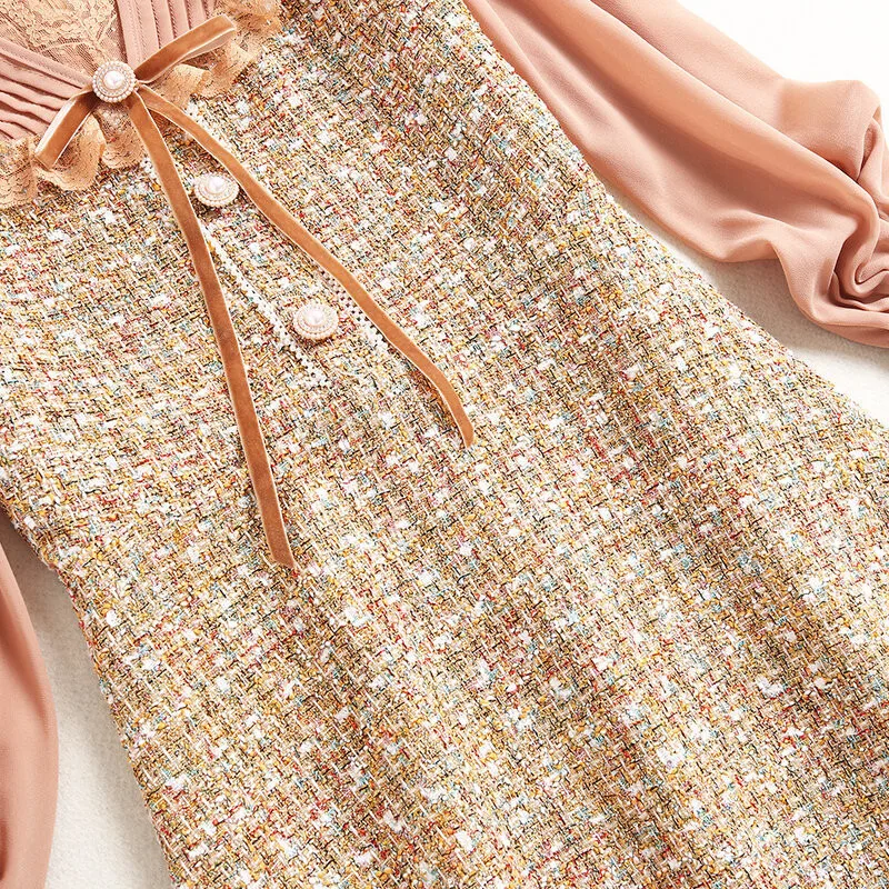 

Fashion Runway Designer Long Sleeve Tweed Woolen Dress Autumn Winter Womens Clothing 2020 Elegant Lady Vestidos