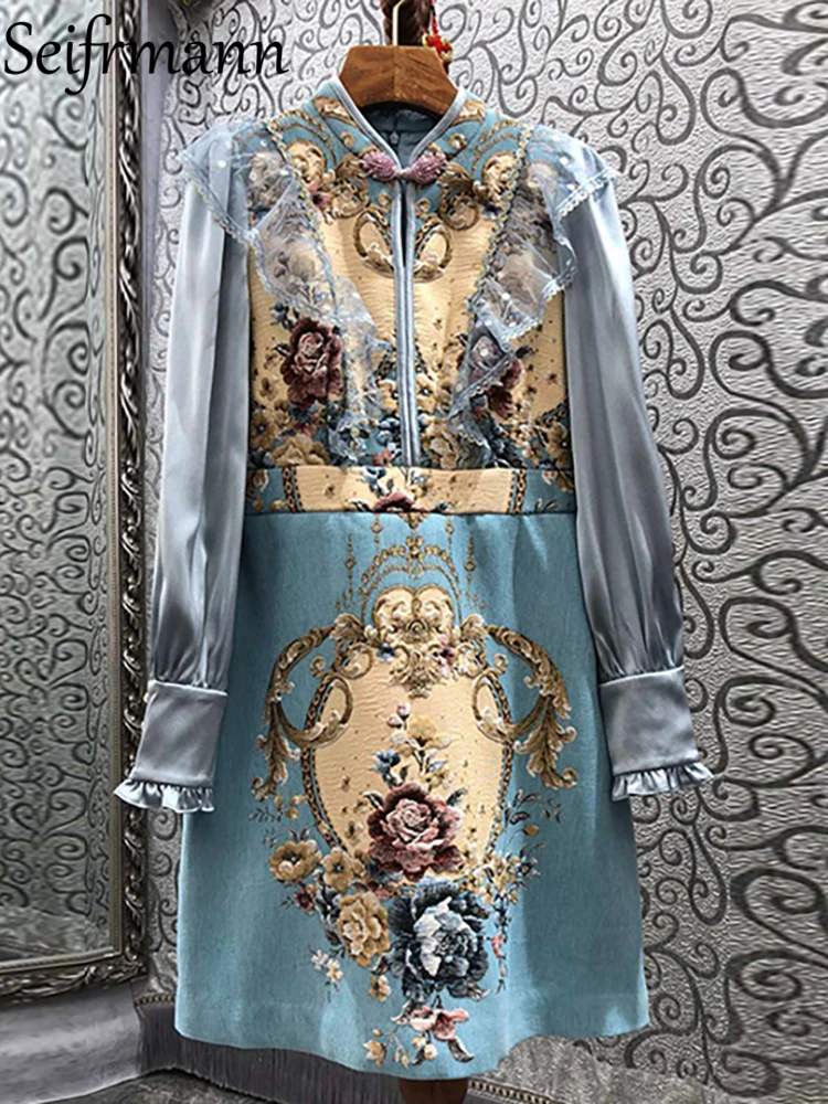 

Seifrmann, новинка 2021, Осеннее женское модное дизайнерское вечернее мини-платье с рукавами-фонариками, великолепные кружевные платья-трапеции с...