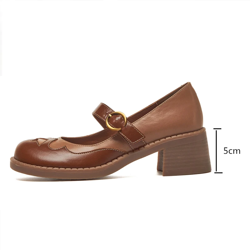 

Ankle Strap Women Pumps Genuine Leather Thick Heels Shoes Round Toe Metal Decoration Dress Shoes High Heel Footwear 2021