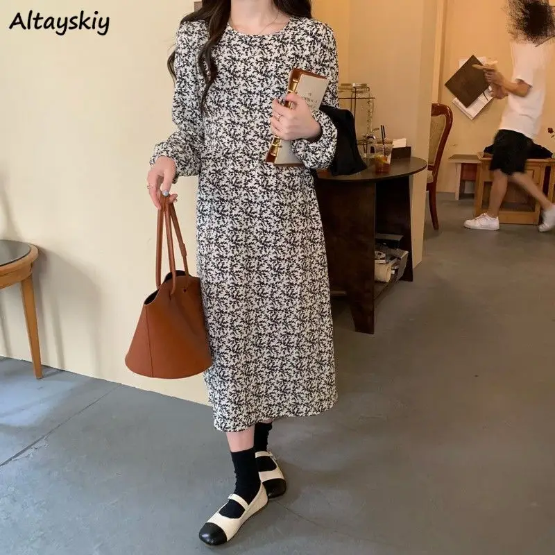 

Long Sleeve Dresses Women Casual Baggy Mid-calf High-waist Print Elegant O-Neck Students All-match Spring Feminine Vestidos Chic
