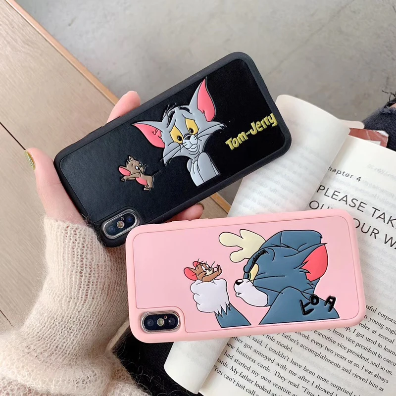 Милый чехол для пары Tom Jerry для iPhone 6 6 plus 7 7plus 8 8plus X XR XS MAX, Забавный чехол для телефона из искусственной кожи с мультяшной мышкой и кошкой