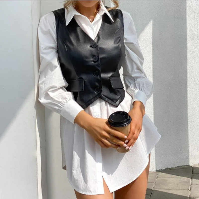 

Cultiseed European Women V Neck Single Breasted Slim Waist Short PU Leather Sleeveless Vest Jackets Female Lady New Casual Coata