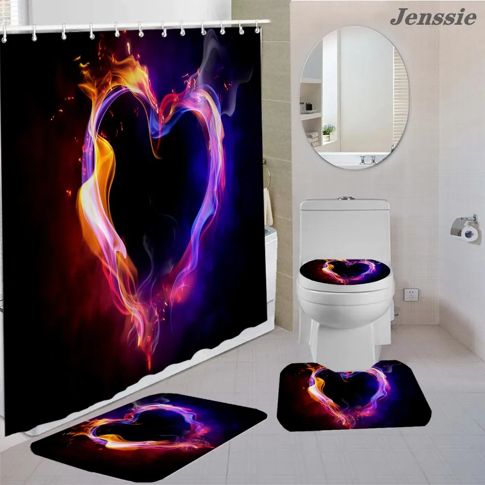 3D Pink Letter Love Printed Bathroom Shower Curtain Pedestal Rug Lid Toilet Cover Mat Bath Mat Set Flame Love bath Curtain Set enlarge