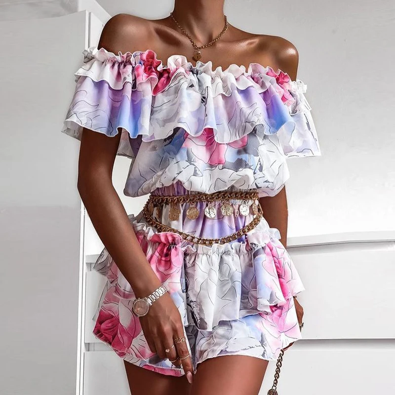 

Elegant Short Sleeve Office Lady Dress Women Summer Sexy Off Shoulder Ruffle Mini Dress Elasticized Waist Cocktail Party Dress