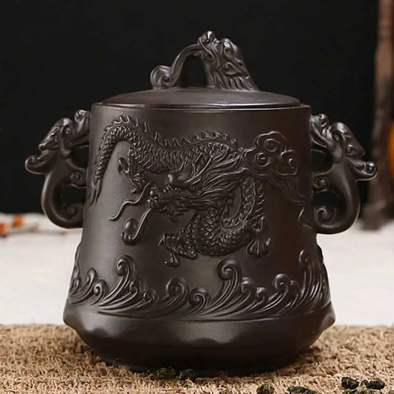 Dehua kaba seramik demlik Yixing çay saklama kabı Retro kabartma ejderha Phoenix seramik sızdırmazlık kavanoz çay tankı C