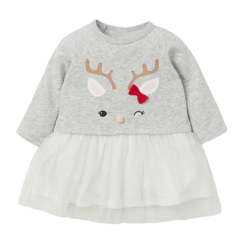 

Little Maven Frocks for Baby Girl Brand Autumn Clothes Cute Deer Applique Toddler Gray Tulle Fall Dress for Kids 2-7 Years
