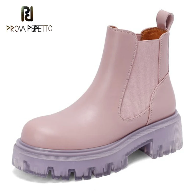 

Round-toe Thick-soled Sponge Cake with Chelsea Booties Pink Jelly-soled Cowhide Stitching Elastic Band Mid-heel Martin Boots