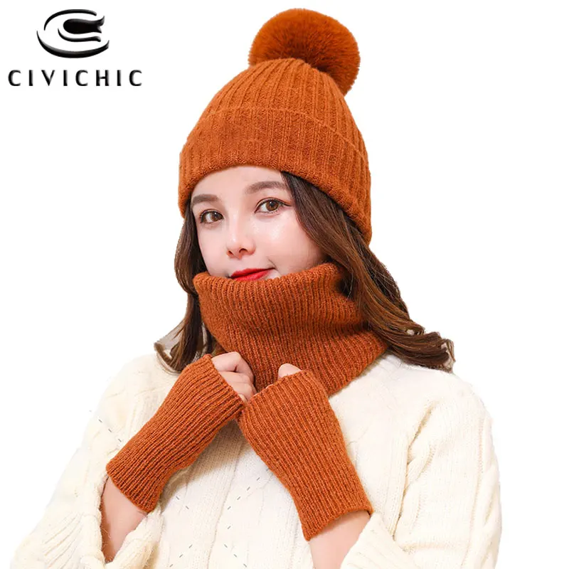 CIVICHIC для женщин Зимний теплый вязаный шарф шапка перчатки 3 предмета Комплект из