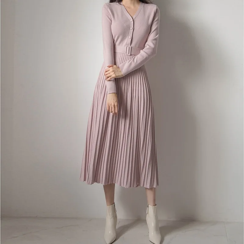 

Elegant V-neck Single-breasted Women's Padded Sweater Dress 2021 Autumn and Winter Knitted Corset Women's A-line Soft Skirt Pink