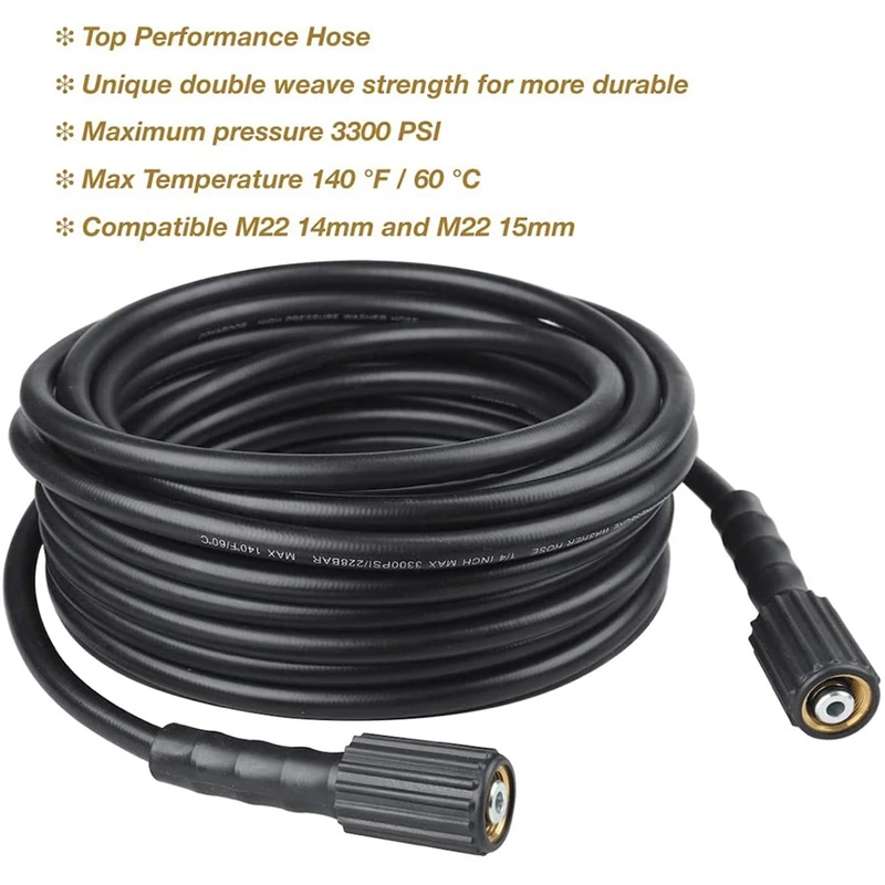 

50 FTX 1/4 Inch, High Pressure Washer Hose 3300 PSI, M22 14mm and M22 15mm, Replacement Power Washer Hose