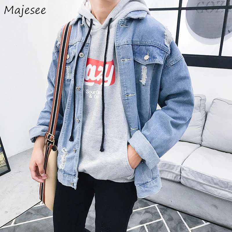

Jacket Men Turn-down Collar Hole Long Sleeve Tops Denim Mens Coats and Jackets Harajuku Males Casual Loose Plus Size Clothes
