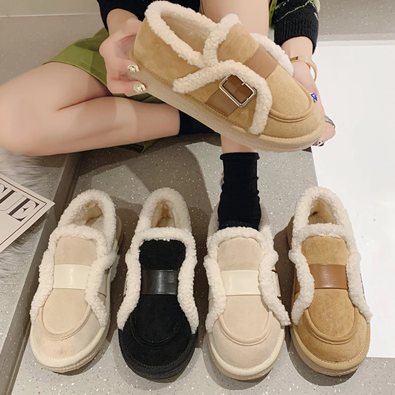

Women Plush Flats Winter Fashion Furry Loafers Female Round Toe Casual Outside Shoes Ladies 2021 Flats With Slip On Shoes