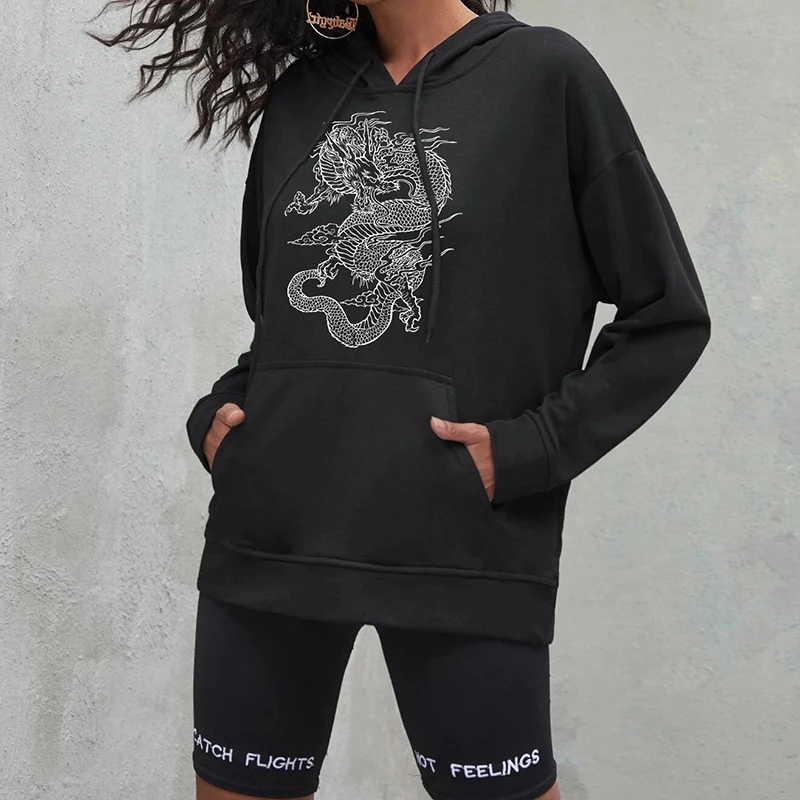 

Women sweatshirt hoodie Cute Hip hop Kawaii Ullzang Harajuku Dragon Korean Funny top vintage dropshipping tee print punk clothes