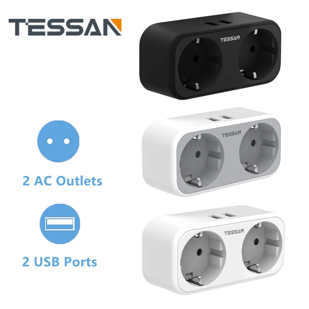 

TESSAN USB Wall Socket Power Strip EU Plug With 2 Way Outlets 2 USB Ports 5V 2.4A 3600W Wall Charger Adapter Overload Protection