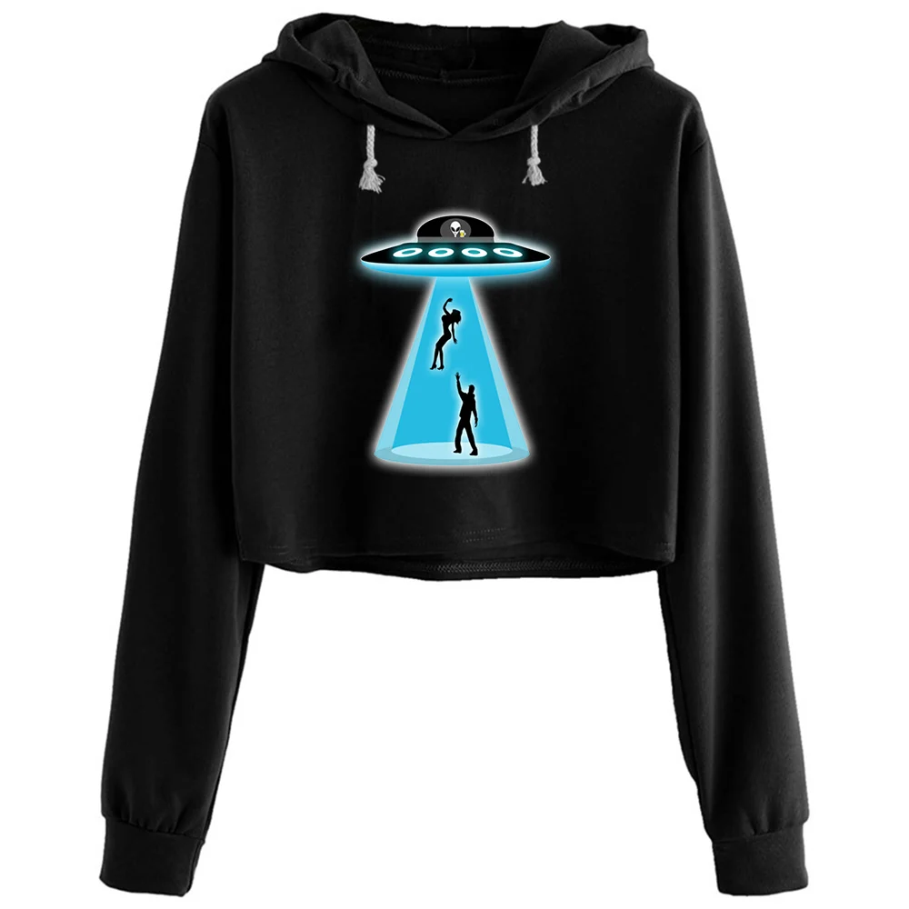 

Funny Alien Ufo Abduction Crop Hoodies Women Emo Aesthetic Kpop Korean Pullover For Girls