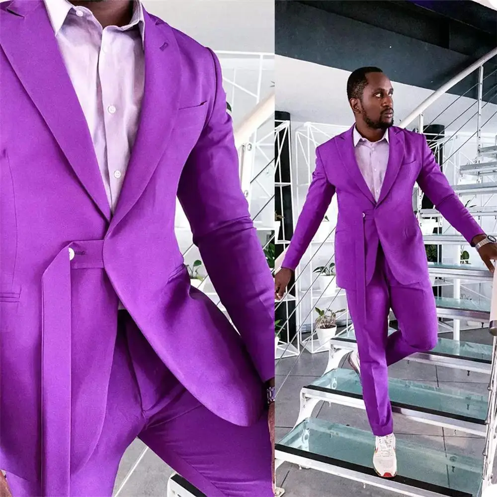 

Summer Purple Customized Mens Wedding Tuxedos Peaked Lapel Slim Fit Groom Wear Dinner Prom Party Blazer 2 Pieces (Jacket+Pants)