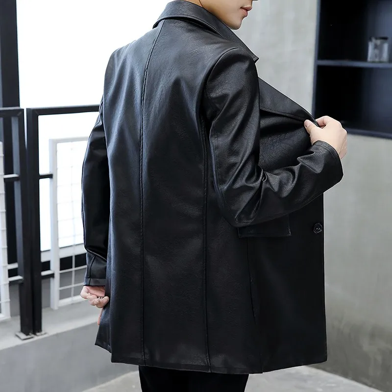 

Medium Length Mens Trench Coats Autumn New Faux Leather Single Breasted Thin Slim Fit Fashion Male PU Leather Coats Plus Size